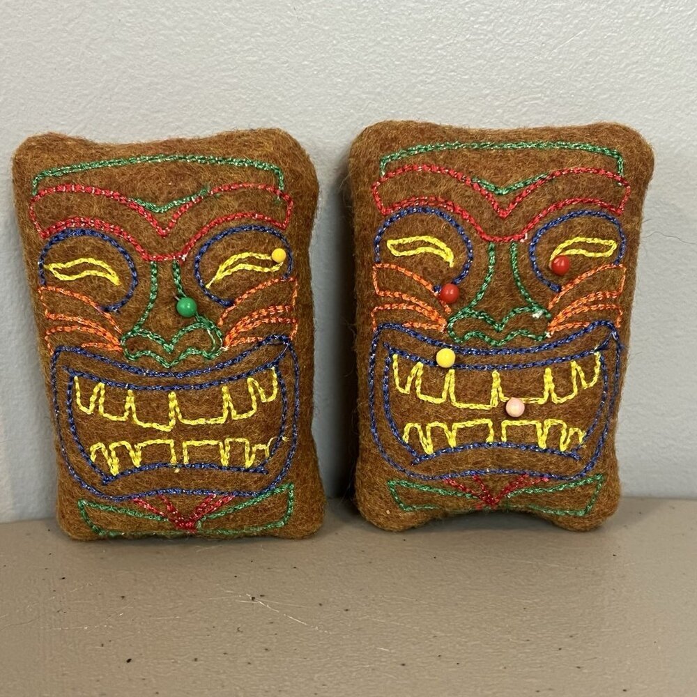 Tiki Head Pincushions Set of‎ 2 Handmade 3" x 2"